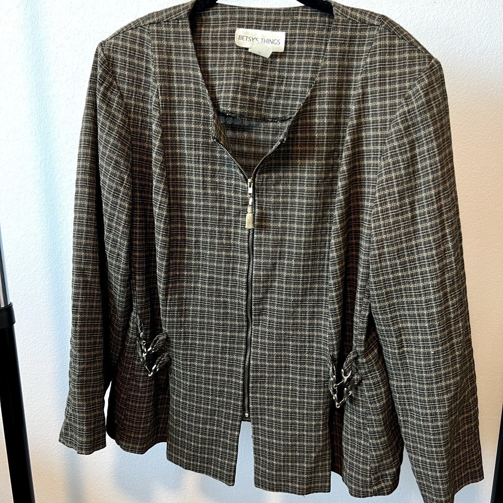 𝅺vintage‎ Betsy’s Things Women’s Green Plaid Blazer Fits M/L